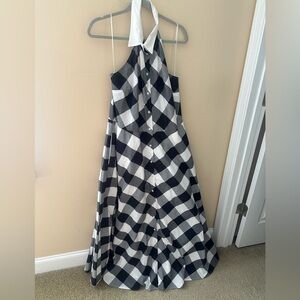 Boston Proper Women Gingham Maxi Halter Dress Size 16 Black White Sleeveless
